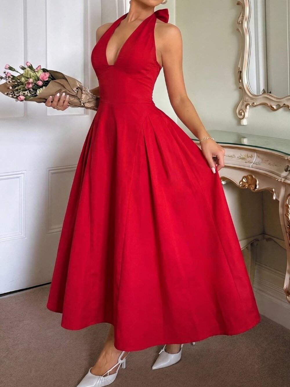 Red Elegant Women's Romantic V-Neck Sleeveless Maxi Dress